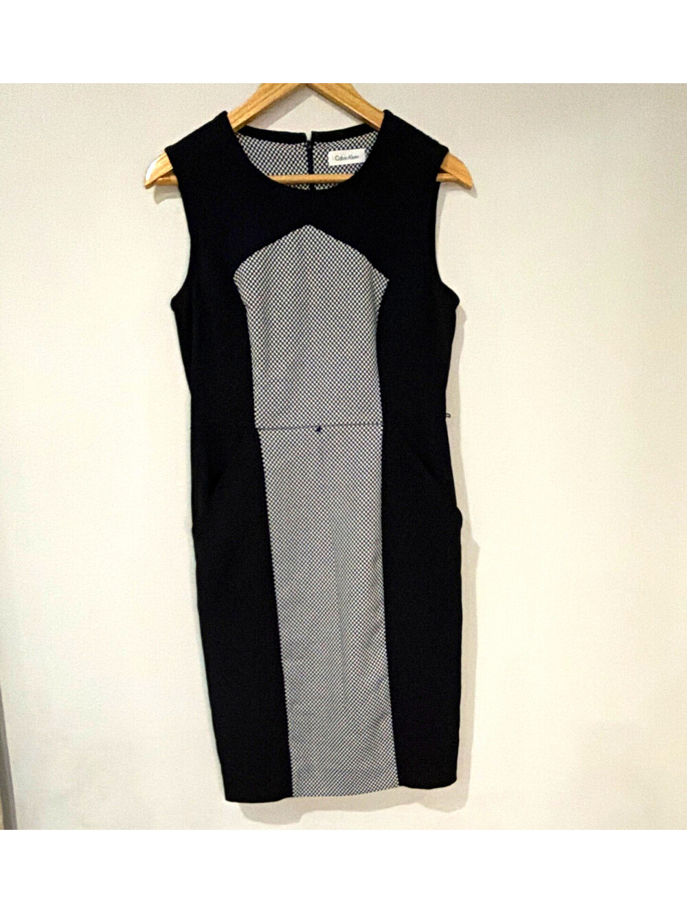 Calvin Klein Womens Size 6 Sheath Dress Black White Check Sleeveless Zip